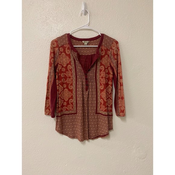 LUCKY BRAND red boho prairie indie henna print western 3/4 sleeve top size XS - Picture 1 of 8